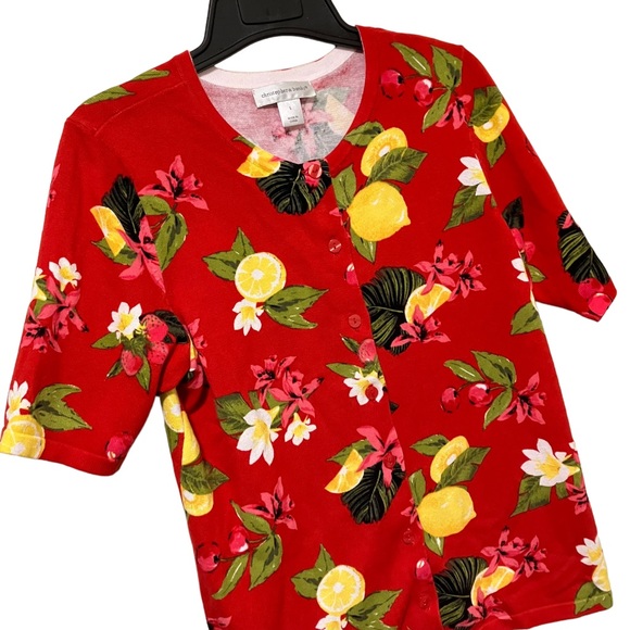 Christopher & Banks Cardigan Button Down Short Sleeves Sweater Floral & Lemons - Picture 2 of 7